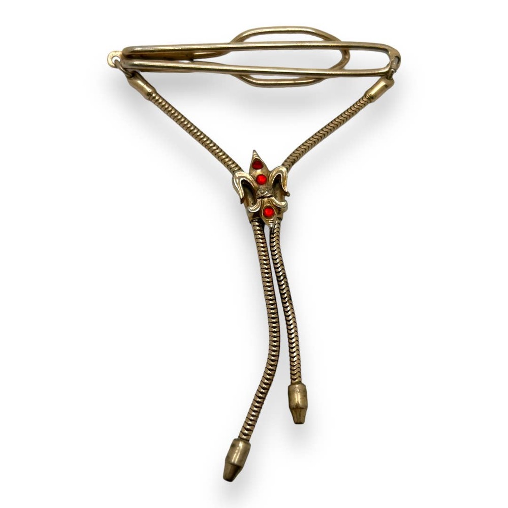 Vintage Gold Tie Clip Fleur de Lis Snake Chain Slide Red Stone